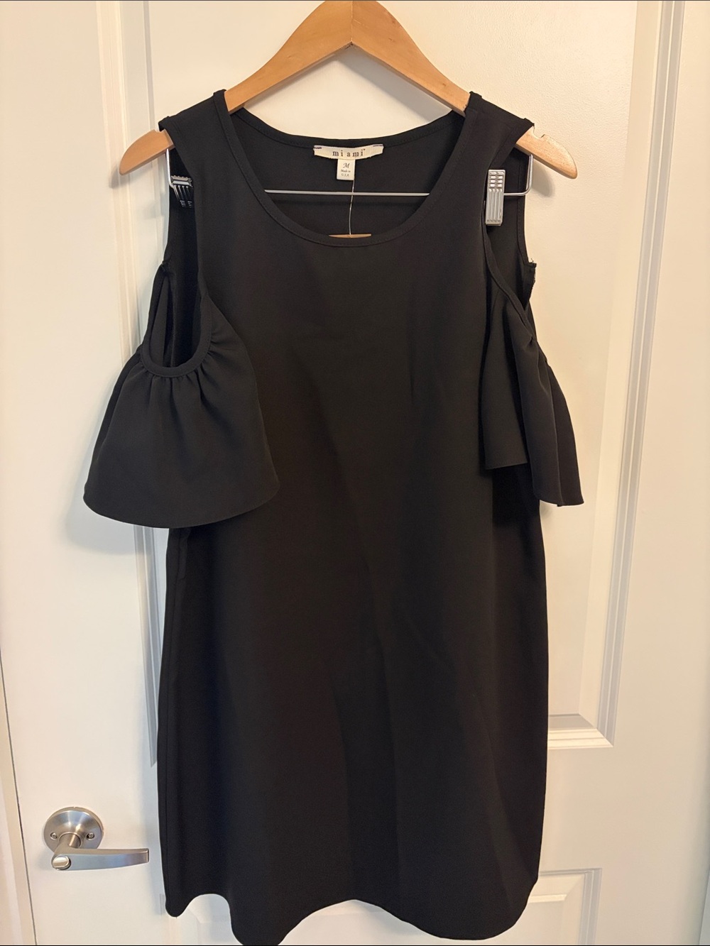 miami Black Cold-Shoulder Mini Dress with Flounce Sleeves